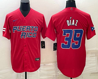 Mens Puerto Rico Baseball #39 Edwin Diaz 2023 Red World Baseball Classic Stitched Jersey